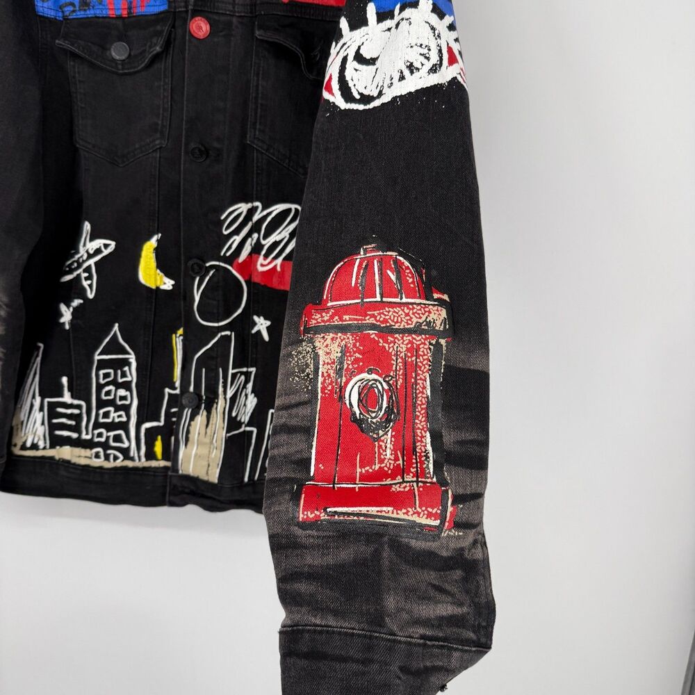 Reason Denim Jacket Graffiti Biker Emo Grunge Streetwear Art to Wear Men Size L - Picture 5 of 11